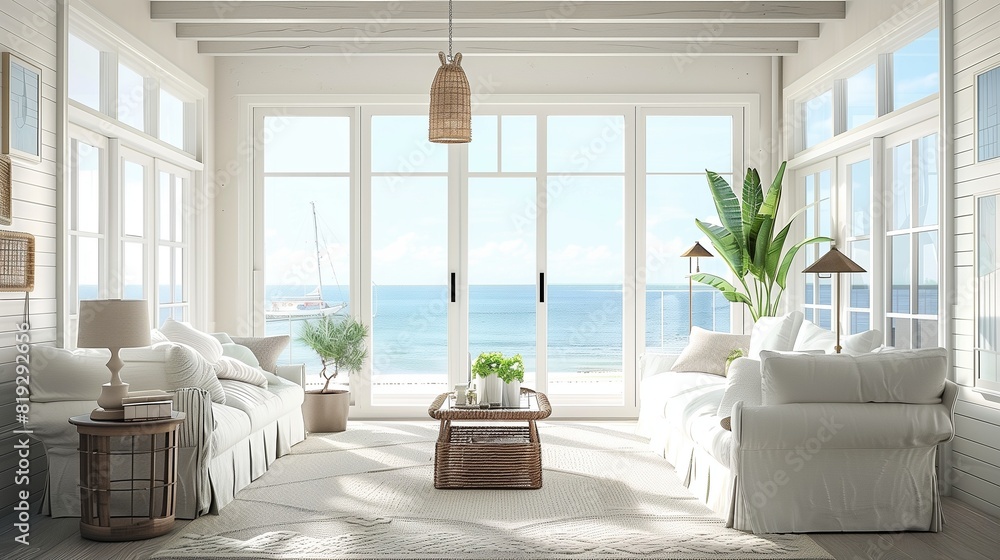 A coastal-themed living room with nautical decor, whitewashed furniture, and panoramic ocean views. A coastal-themed living room with nautical decor, whitewashed furniture, and panoramic ocean views.
