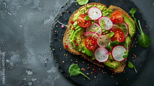 Avocado Toast with Cherry Tomatoes and Radishes, Healthy Open-Faced Sandwich, Dark Slate Background, Top View, Ideal for Food Blogs and Marketing, Copyspace photo