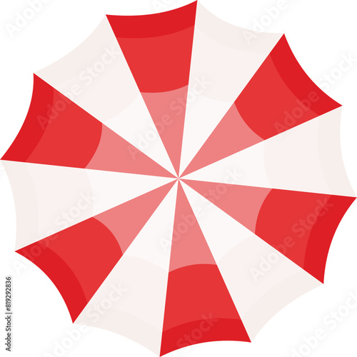 Graphic illustration of an open umbrella with a red and white striped pattern viewed from above