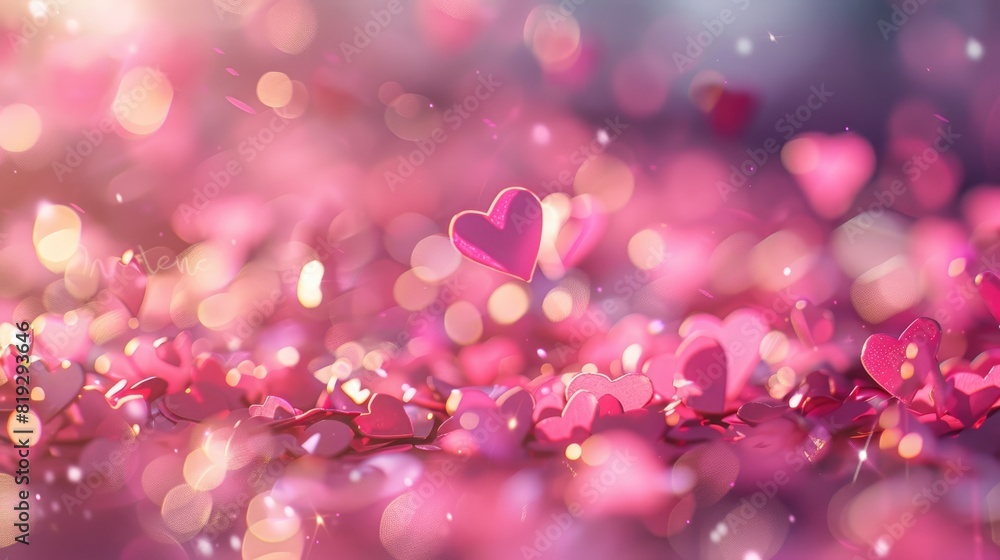 Pink heart-shaped confetti falling against a sparkly pink background. AIG51A.