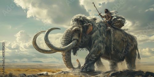 Prehistoric man rides a mammoth.