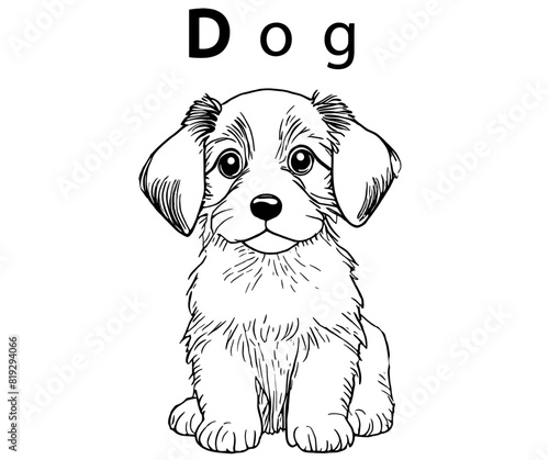 Puppy dog, black and white background, kids coloring page, vector transparent illustration.