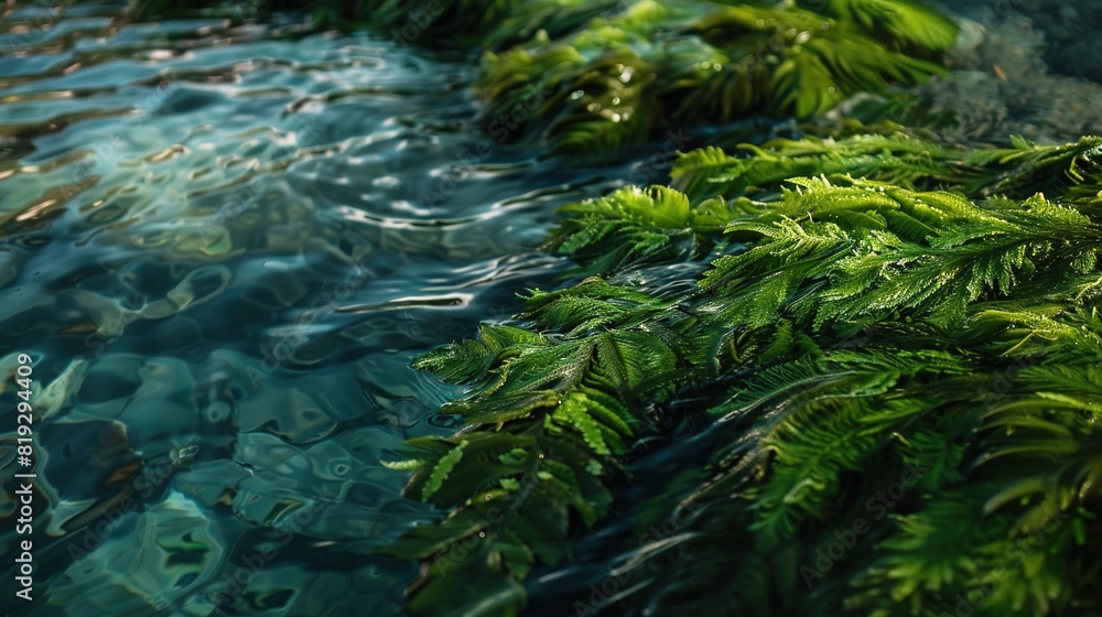   A zoomed-in image of various green foliage surrounded by water, showing gentle waves in the background
