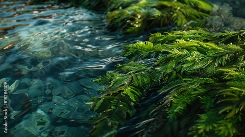  A zoomed-in image of various green foliage surrounded by water, showing gentle waves in the background