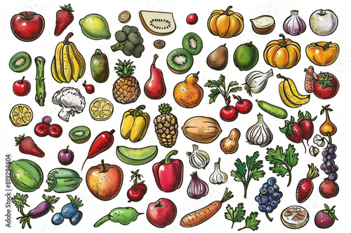 Big set of fruits and vegetables doodle on a white background. Vegetarian healthy food  isolated sketches for the menu of restaurants