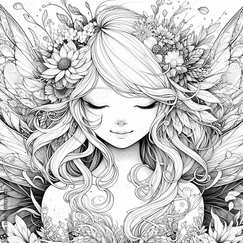 Whimsical Fantasy Garden Fairy Coloring Page White Ink, Ultra Cute Portrait