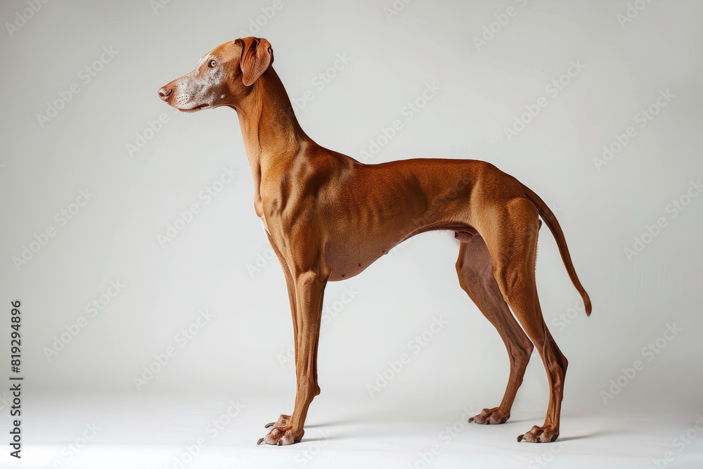 Azawakh dog with sleek red coat standing in profile on a white background Azawakh dog with sleek red coat standing in profile on a white background