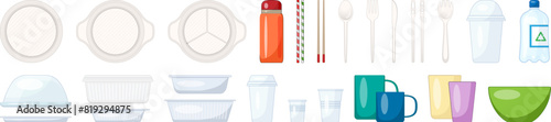 Plastic tableware cartoon vector icons. A collection of disposable dinnerware and utensils. The tableware includes bowls, cups, spoons, forks, and knives. The utensils include a spoon and a fork