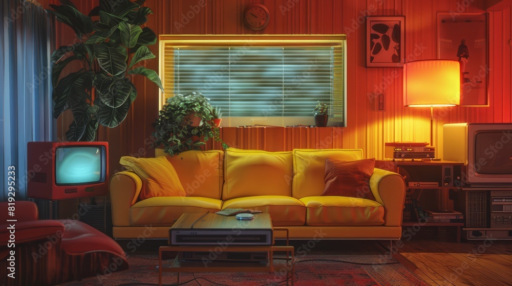 A living room with a yellow couch, a television, and a clock A living room with a yellow couch, a television, and a clock