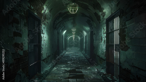 Dim, narrow passageways lead through the shadowy depths of the prison.