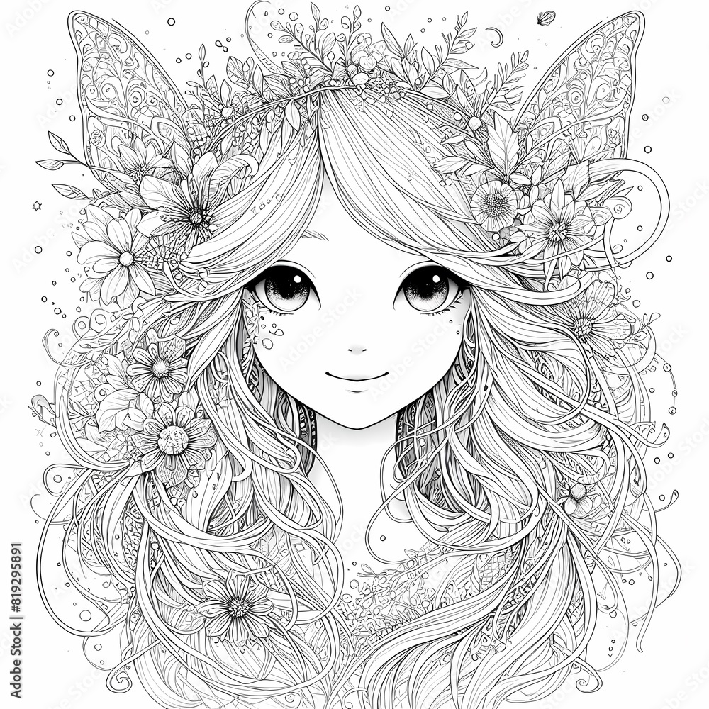 Whimsical Fantasy Garden Fairy Coloring Page White Ink, Ultra Cute Portrait Whimsical Fantasy Garden Fairy Coloring Page White Ink, Ultra Cute Portrait