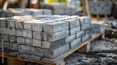 Grey concrete blocks, shaped like bricks, arranged on a pallet. These blocks are used as building material for construction sites.