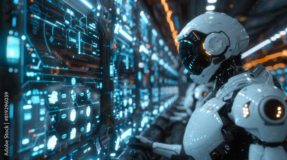 A futuristic scene of AI robots collaborating with humans in a high tech lab, holographic data displays A futuristic scene of AI robots collaborating with humans in a high tech lab, holographic data displays
