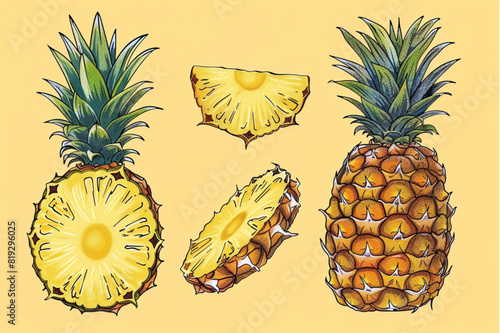 Bright vector illustration of pineapple whole and slices on a colored background. set vector icon  white background  black colour icon