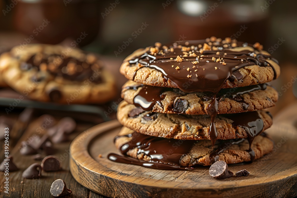 Stack of Chocolate Drizzled Cookies on Wooden Plate, Decadent Dessert, Rustic Background, Perfect for Food Blogs and Marketing, Close-Up View, Copyspace