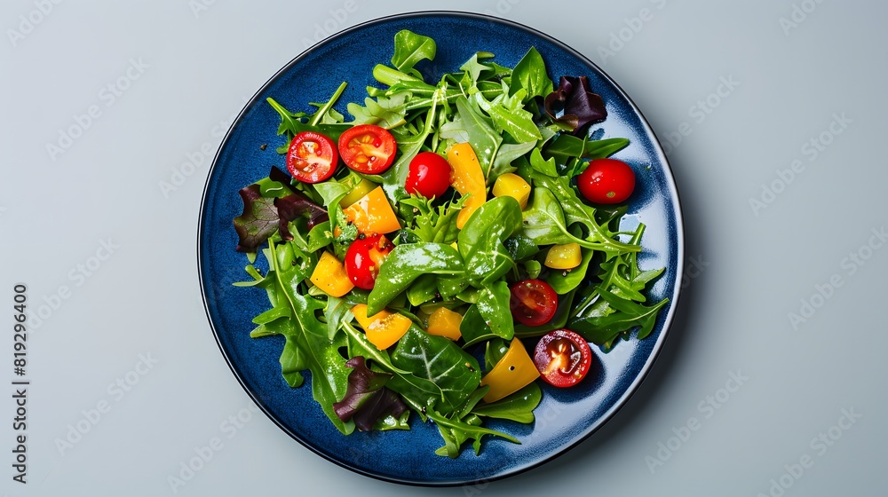 Fresh Mixed Green Salad with Cherry Tomatoes and Bell Peppers, Vibrant and Healthy, Top View, Perfect for Food Blogs and Marketing, Clean Presentation, Copyspace