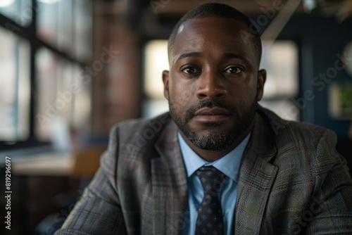 A Black man in a sharp suit and tie sits contemplatively, surrounded by business hustle and bustle