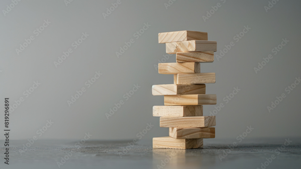 Stack of wooden blocks forming a tall Jenga tower on a gray backdrop. Stack of wooden blocks forming a tall Jenga tower on a gray backdrop.