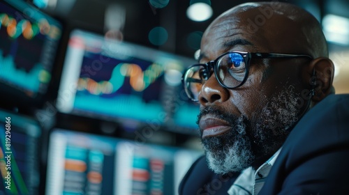 A Black man in a sleek suit analyzing financial markets data