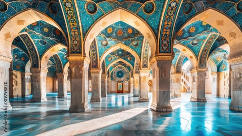 Intricate blue and gold decorated ceiling pillars in grand, spacious hall with arches