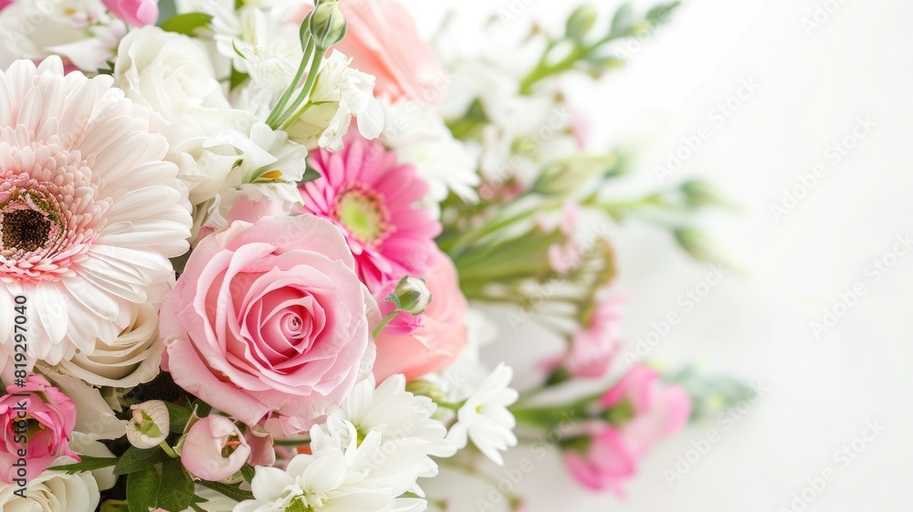 Beautiful bouquet of mixed flowers, including roses and daisies, on white background Beautiful bouquet of mixed flowers, including roses and daisies, on white background
