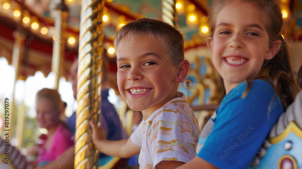 Parents and children enjoying a ride on a colorful carousel, smiles all around. Dynamic and dramatic composition, with cope space Parents and children enjoying a ride on a colorful carousel, smiles all around. Dynamic and dramatic composition, with cope space