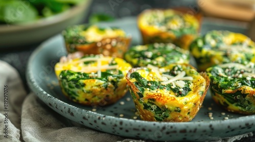 Quinoa Egg Muffins With Spinach A plate of quinoa egg muffins, each filled with spinach and topped with a sprinkle of cheese