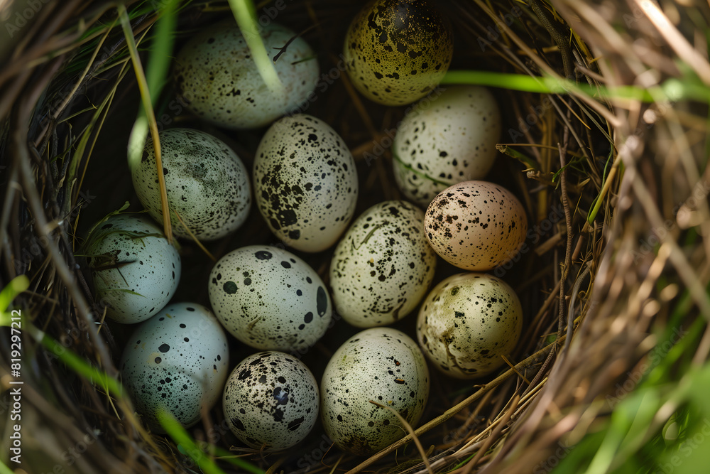 A close-up view of a birds nest filled with eggs A close-up view of a birds nest filled with eggs