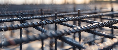 Black steel rebar frame for concrete pouring at a construction site. Close up of a blueprint mesh in the form of an L shape, with a focus on the iron grid, in the style of a building materials concept