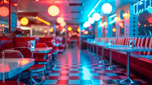A neon lit restaurant with red and white checkered floors and tables © Dumrongkait