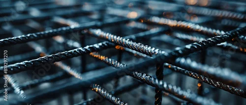 Panel kuchenny z motywem Black steel rebar frame for concrete pouring at a construction site. Close up of a blueprint mesh in the form of an L shape, with a focus on the iron grid, in the style of a building materials concept