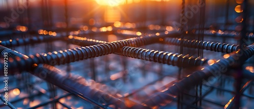 Black steel rebar frame for concrete pouring at a construction site. Close up of a blueprint mesh in the form of an L shape, with a focus on the iron grid, in the style of a building materials concept