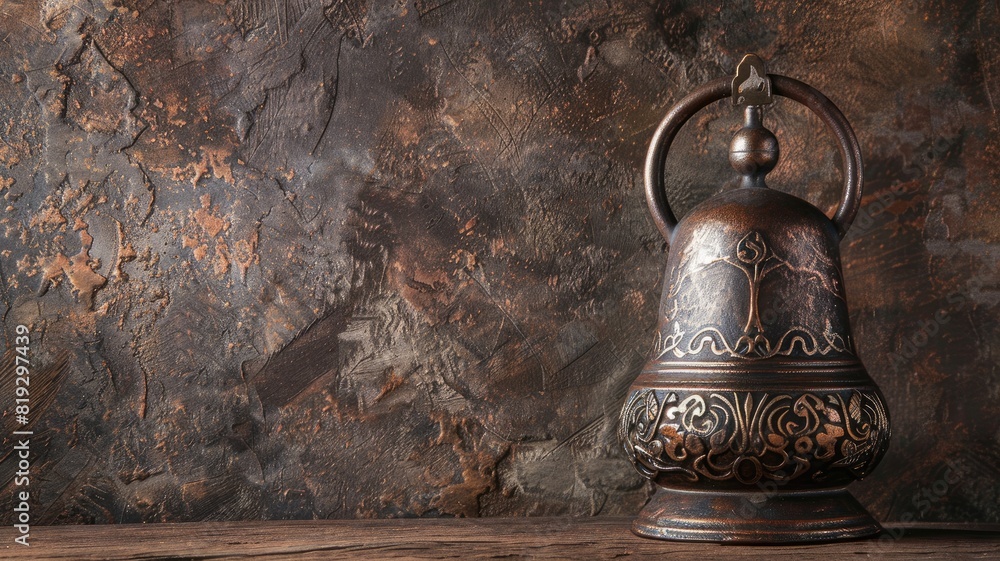 Ornate metal bell with intricate designs on rustic background Ornate metal bell with intricate designs on rustic background