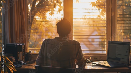 A freelancer working at his home office in front of the window surrounded by his laptop and office supply 