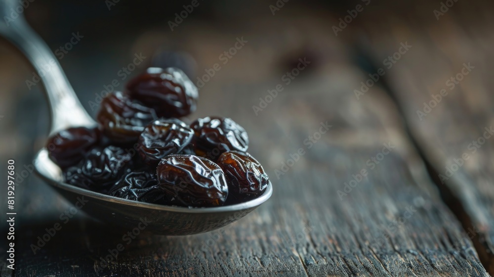 Raisins in a spoon on a wooden table. Selective focus Raisins in a spoon on a wooden table. Selective focus