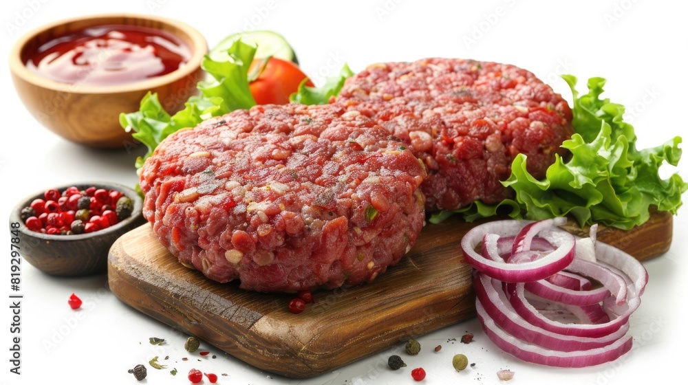 Raw burger patties isolated on white background. Fresh hamburger patty