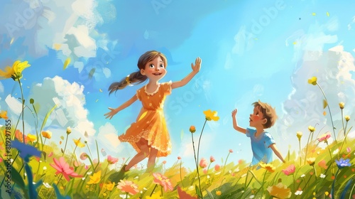 Amidst a field of flowers, a girl in a summer dress waves to a boy, highlighting a playful and sunny day filled with vibrant joy and spontaneous fun. Girl waving to a boy photo
