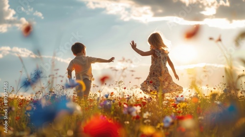 In a flower field, a girl in a summer dress waves to a boy, embodying a playful, sunny day that radiates happiness and the simplicity of youthful fun. Girl waving to a boy photo