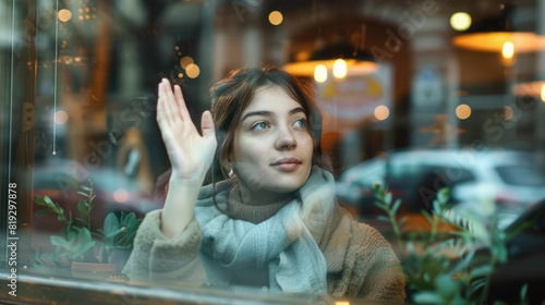 A teen girl waves to a boy from the window of a coffee shop, capturing a moment of connection and friendliness in an urban setting filled with the lively vibes of city life. Girl waving to a boy photo