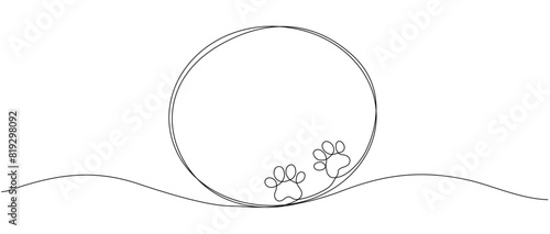 Black circle with dog or cat paw print design drawn with a continuous line. Single line frame icon with paw print vector editable line illustration