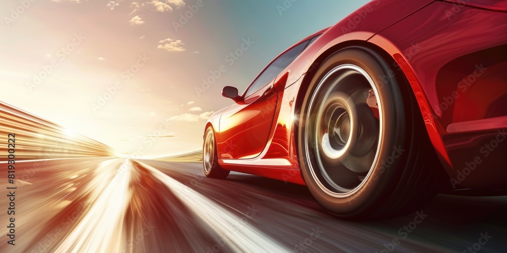 Red Business car on high speed in turn. Super car rushing along a high-speed highway with motion speed in sunny day Red Business car on high speed in turn. Super car rushing along a high-speed highway with motion speed in sunny day