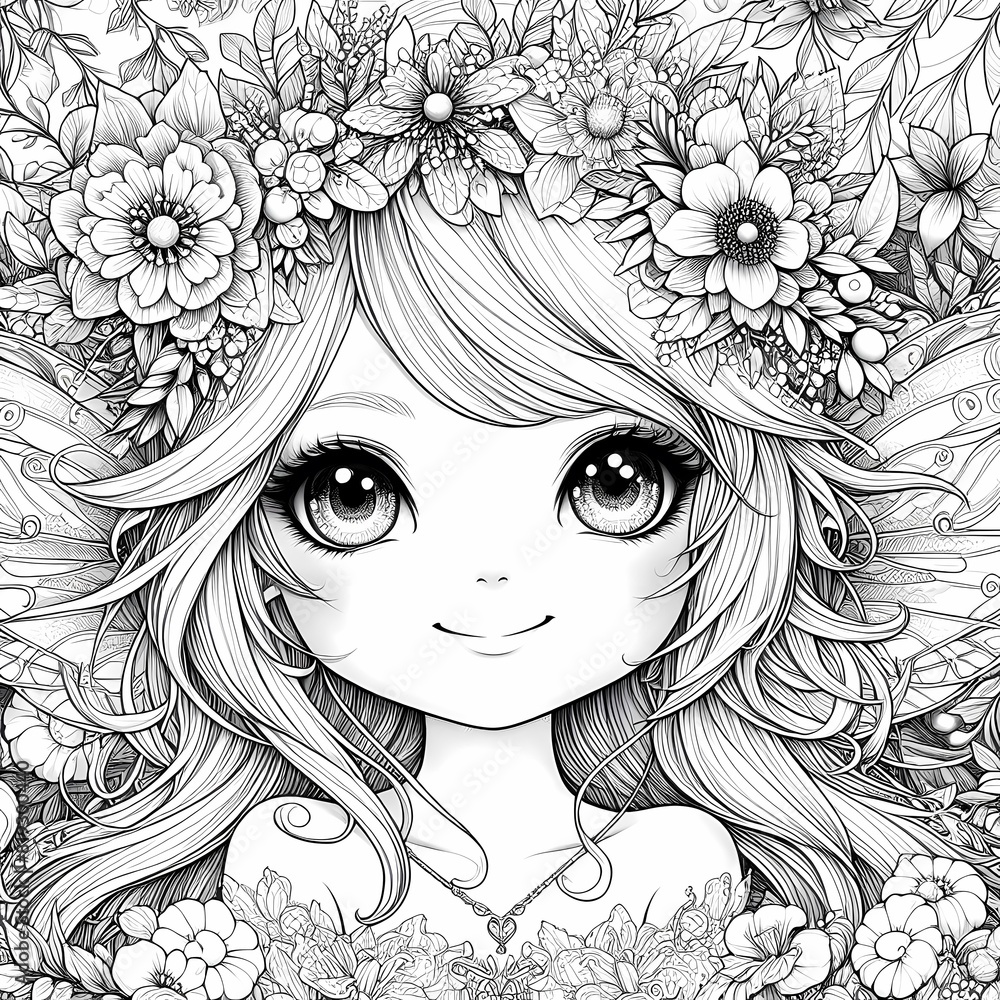Whimsical Fantasy Garden Fairy Coloring Page White Ink, Ultra Cute Portrait Whimsical Fantasy Garden Fairy Coloring Page White Ink, Ultra Cute Portrait