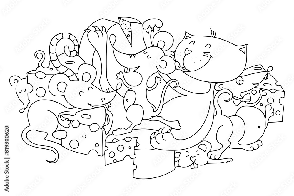 Coloring page. Funny cat and rats among cheeses. Coloring game for kids. Printable education worksheet. Sketch vector illustration.