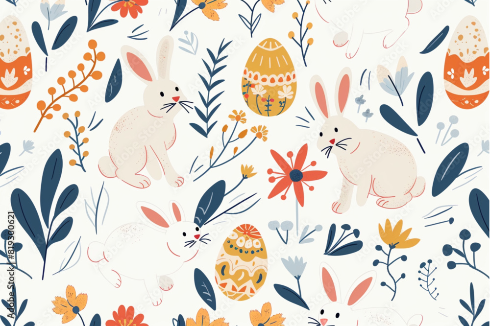 Easter seamless pattern with cute decorative bunnies, Easter eggs and spring flowers in modern folk
