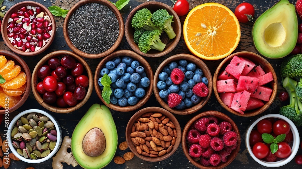 A variety of fruits, vegetables, and nuts arranged in bowls on a table A variety of fruits, vegetables, and nuts arranged in bowls on a table