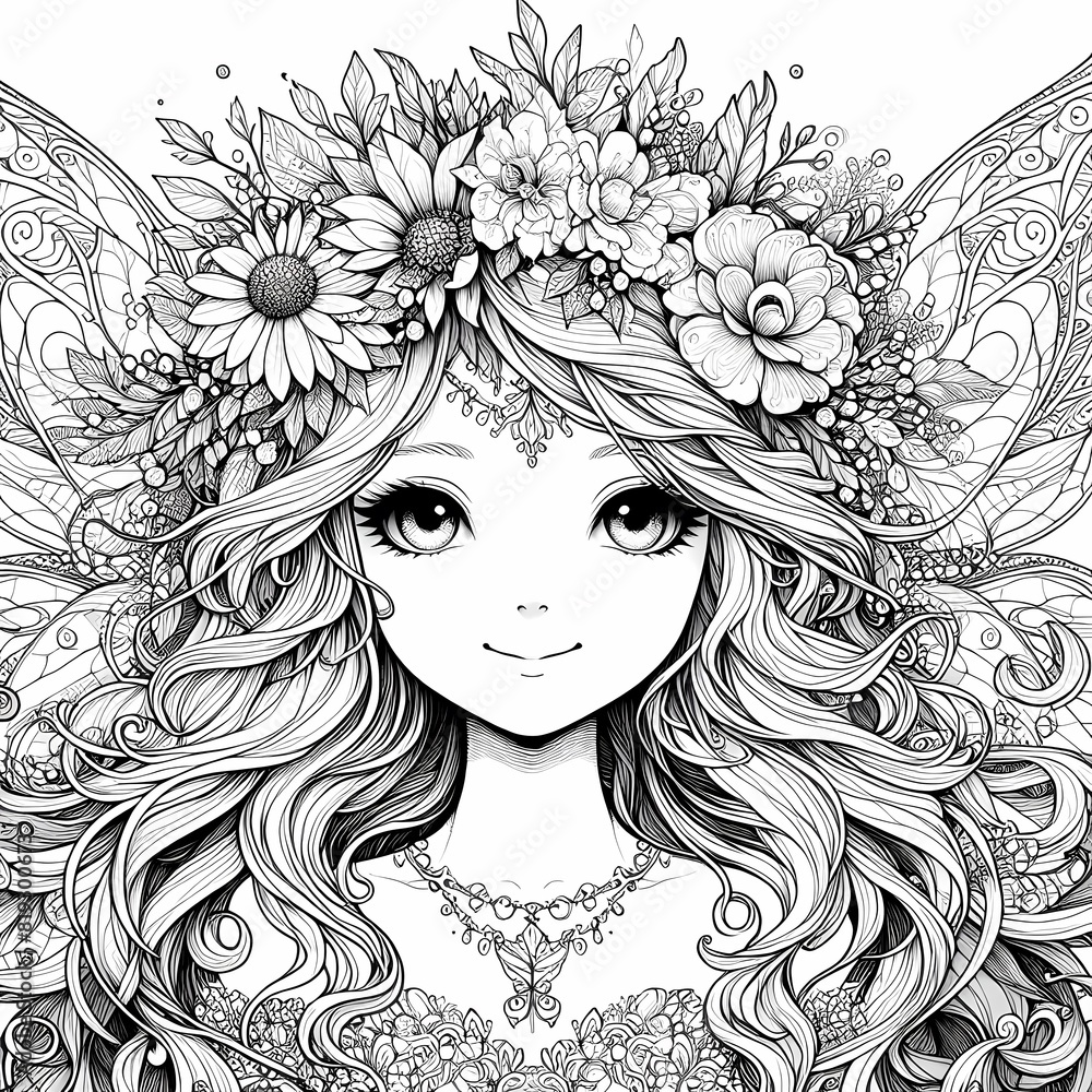 Whimsical Fantasy Garden Fairy Coloring Page White Ink, Ultra Cute Portrait Whimsical Fantasy Garden Fairy Coloring Page White Ink, Ultra Cute Portrait