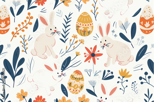 Easter seamless pattern with cute decorative bunnies  Easter eggs and spring flowers in modern folk