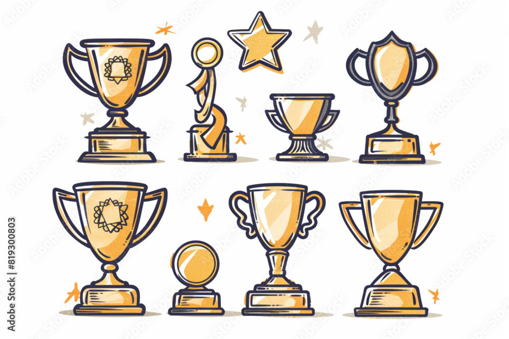 Doodle gold medal and champion trophy cup. Hand drawn award decorative icons. Vector illustrations isolated on white background. set vector icon, white