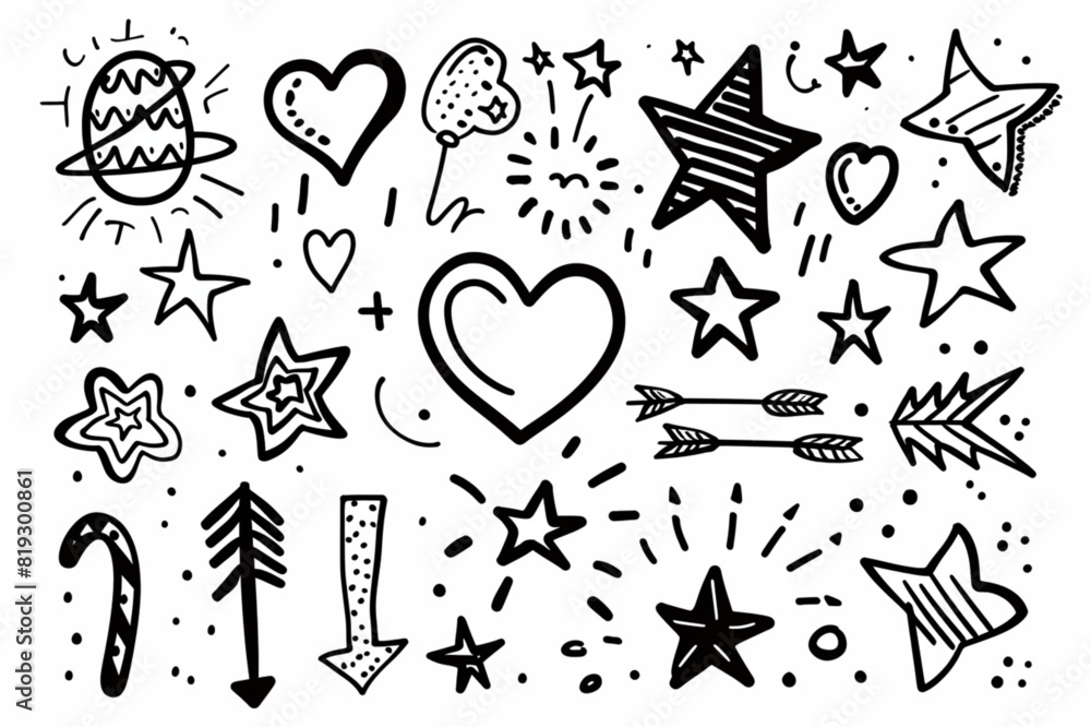 Doodle line cute element set. Arrow, heart, star, etc. set vector icon, white background, black colour icon