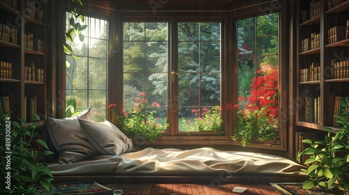 A cozy reading nook nestled beside a large bay window overlooking a serene garden. © Scott